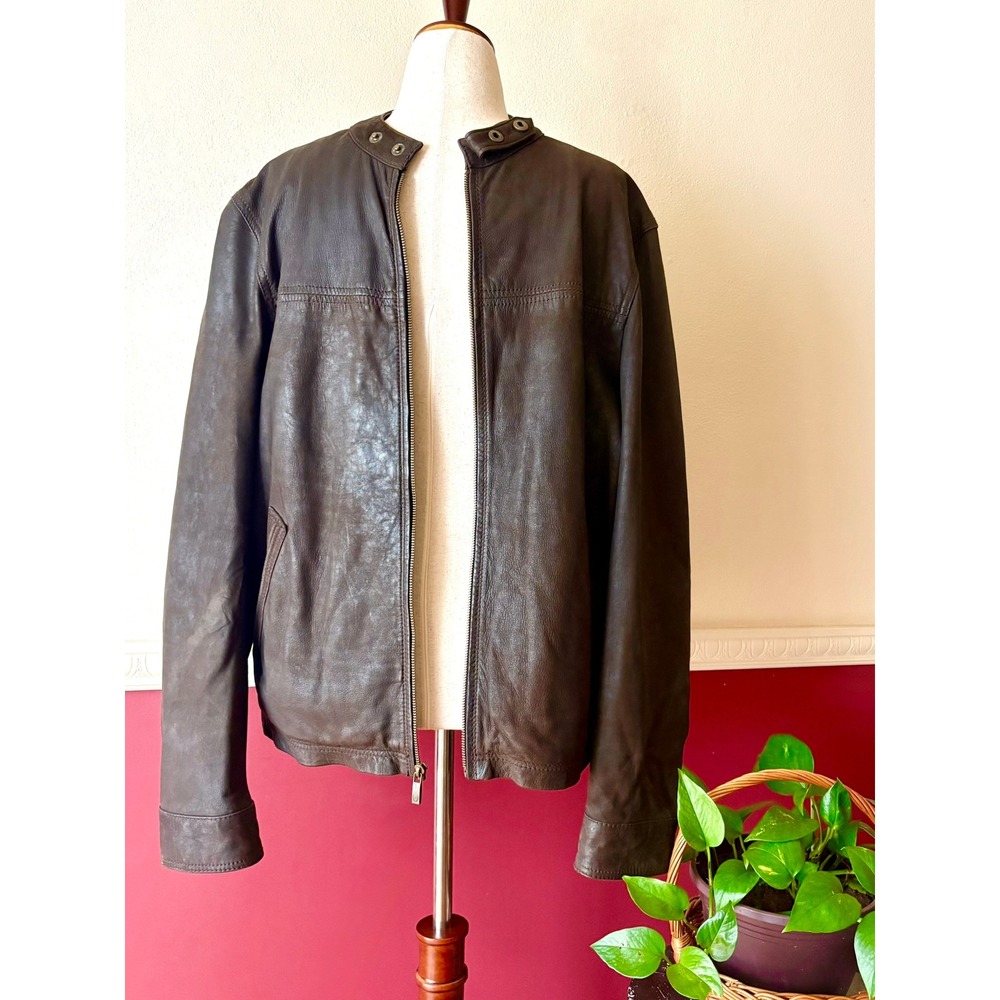 Chaps Brown Leather Cafe Racer Moto Jacket L Zip Up Snap Tab‎ Collar Vintage Y2K